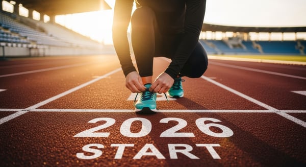 Runner tying a shoe at a stadium track starting line painted with “2026 start”