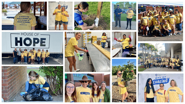 Collage of volunteers in yellow Day of Sharing T-shirts doing service projects and posing in groups