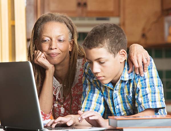 Mother talking to son