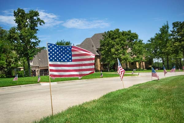 American flags in a neighborhood