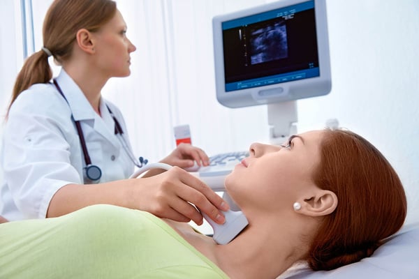 Clinician performing a thyroid ultrasound on a patient's neck, with the scan shown on a monitor