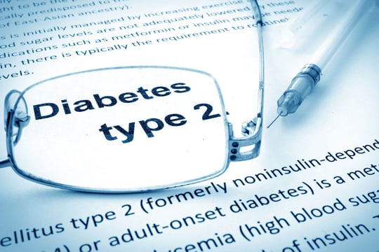 Eyeglasses magnifying the words Diabetes type 2 on a printed page, next to a syringe