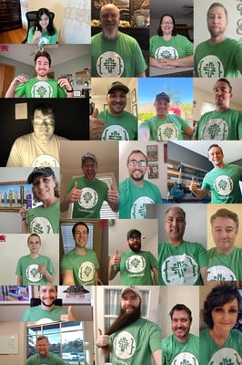 Collage of selfies from about two dozen people in matching green CarePortal T-shirts, many giving a thumbs-up