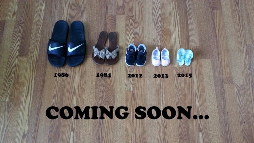 Five pairs of shoes from adult to baby size, each labeled with a year, above the words Coming soon