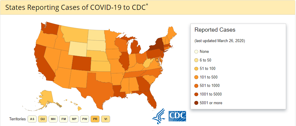 States reporting COVID-19 cases 3-26-20