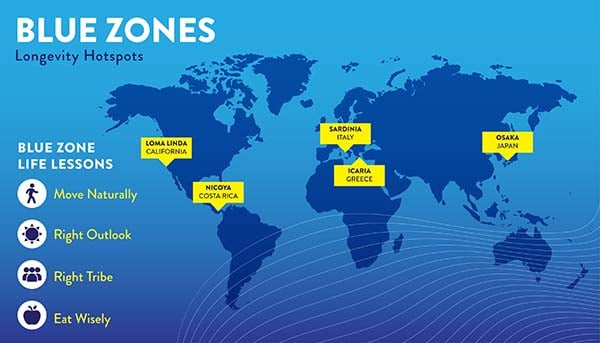 Map of blue zones around the world