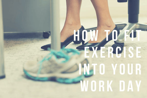 Sneakers on an office carpet near feet in high heels, with the words How to fit exercise into your work day