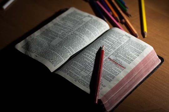 Open Bible at the Psalms with a verse marked in red, a red pencil on the page and colored pencils nearby