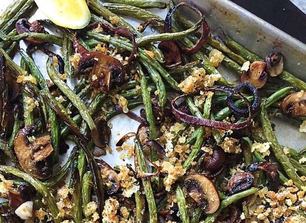 Roasted green beans, mushrooms, and onions with parmesan