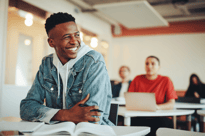 Male student in classroom smiling