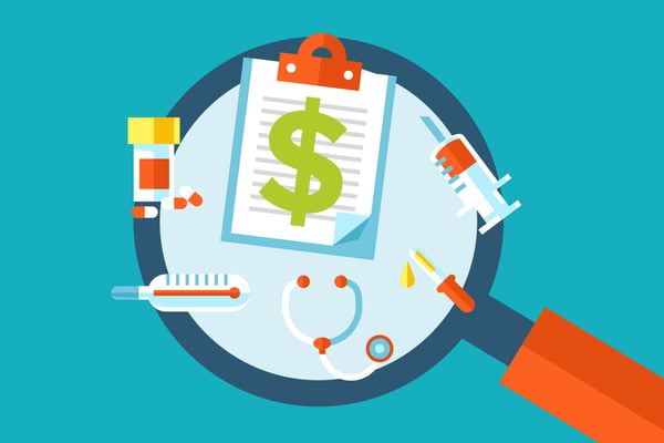 Illustration of a magnifying glass over a clipboard with a dollar sign, surrounded by pills, a syringe and a stethoscope