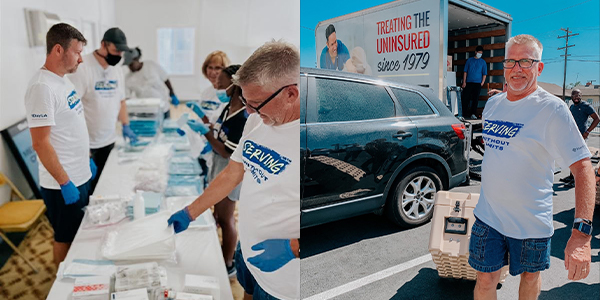 Volunteers in matching T-shirts sort supplies and carry a cooler during the 1DayLA outreach