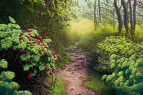 raspberry bush on a path in the woods