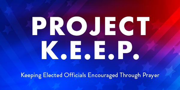 Project K.E.E.P. graphic: Keeping Elected Officials Encouraged Through Prayer, on a red and blue starry background