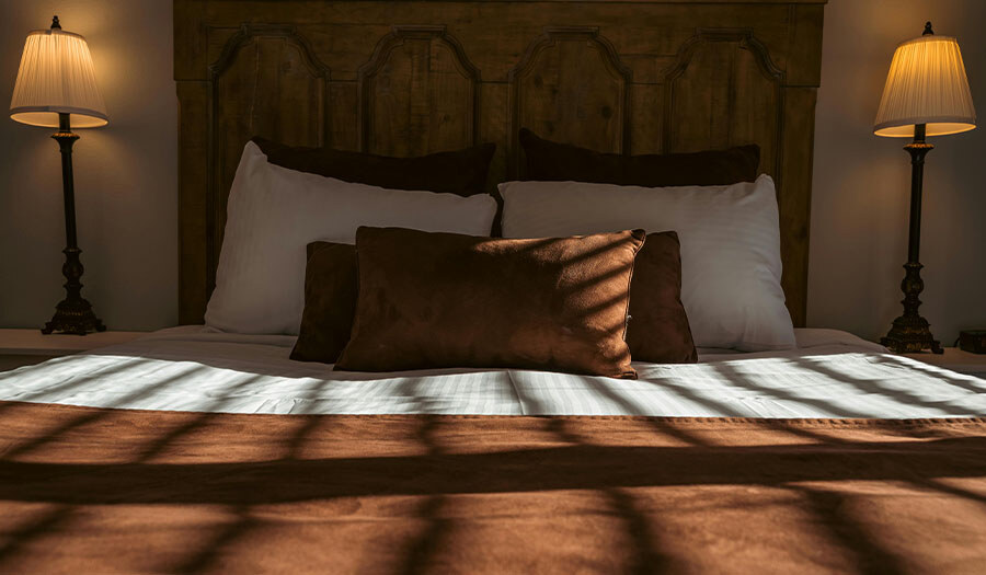 guest bed with sun shining in