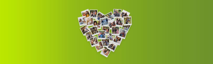 Heart-shaped collage of instant photos of smiling families and couples on a green gradient background