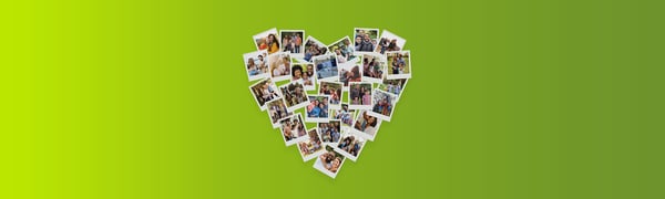 Heart-shaped collage of instant photos of smiling families and couples on a green gradient background