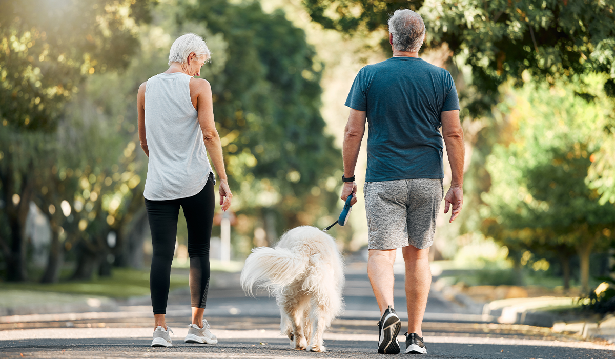 An older couple going for a walk with their dog.